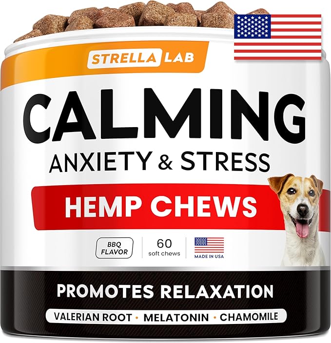 STRELLALAB Advanced Calming Chews for Dogs - Hemp Chews + Melatonin - Anxiety Relief - Sleep Aid - Relaxing Treats - Stress Relief During Fireworks, Storms, Thunder, Barking - Made in USA - BBQ - 60Ct