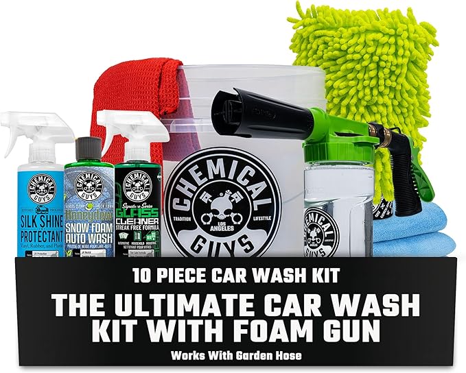 Chemical Guys HOL148 10-Piece Arsenal Builder Car Wash Kit with Foam Gun, Bucket, (4) Towels, Wash Mitt and (3) 16 oz. Car Cleaning Chemicals (Works w/Garden Hose) – 2024 Version