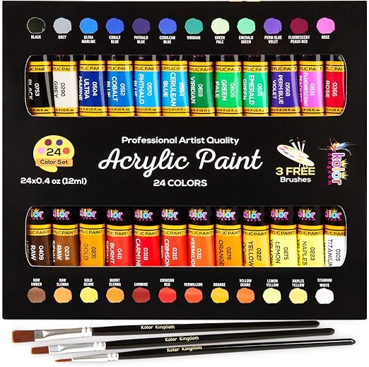 Acrylic Paint Set Canvas Art Paints 24 Colors Perfect Paint Finish (0.41oz,12 ml) With 3 Brushes - Painting Canvas, Paper, Wood, Rock, MDF, Ceramic & Fabric