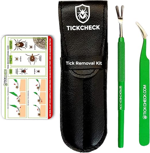 TickCheck Premium Tick Remover Kit - Stainless Steel Tick Remover + Tweezers, Leather Case, and Free Pocket Tick Identification Card (1 Set)