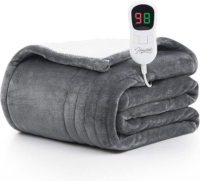 Homemate Heated Blanket Electric Throw - 50"x60" Heating Blanket Throw 1/2/4/6/8 Hours Auto-Off 10 Heat Level Over-Heat Protection Flannel Sherpa Electric ETL Certification