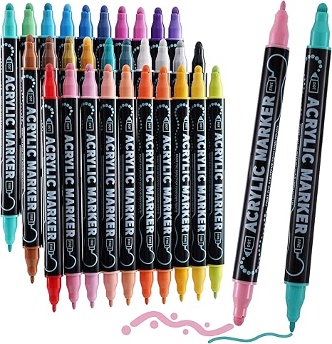 30 Colors Waterproof Dual Tip Acrylic Paint Pens, Dot & Fine Tip Premium Coloring Drawing Markers Set for Wood, Rock Painting, Canvas, Glass, Ceramic Surfaces and DIY Crafts Making Art Supplies