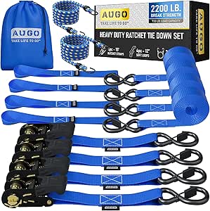 Ratchet Tie Down Straps - 4 Pk - 15 Ft- 500 Lbs Load Cap- 1500 Lb Break Strength- Cambuckle Alternative- Cargo Straps for Moving Appliances, Lawn Equipment, Motorcycle - Includes 2 Bungee Cord