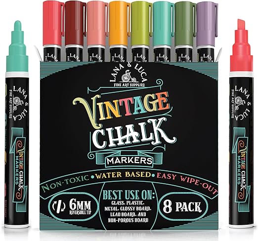 LANA & LUCA Liquid Chalk Markers - Wet Erase Marker Pens - for Chalkboards Signs, Windows, Blackboard, Glass - 6mm Reversible Tip (8 Pack) - Vintage Colors Multicolor