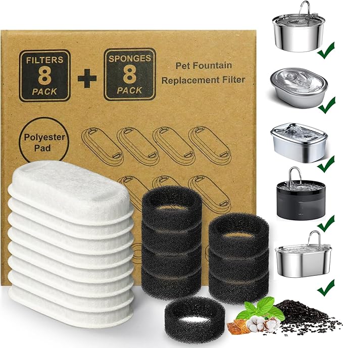 Cat Water Fountain Filters,16 Pack Cat Fountain Replacement Filters for Stainless Steel 67oz/2L Adjustable Water Flow Pet Water Fountain,Dog Water Fountain (8+8 Pack)