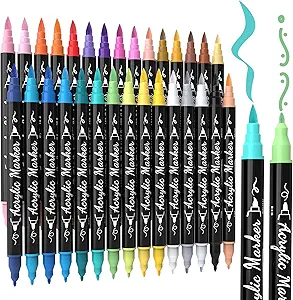 30 Colors Acrylic Paint Markers, Waterproof Dual Tip Acrylic Paint Pens with Brush and Fine Tip, Markers Set for Paper, Rock, Wood, Canvas, Glass, Ceramic and DIY Crafts Making Art Supplies