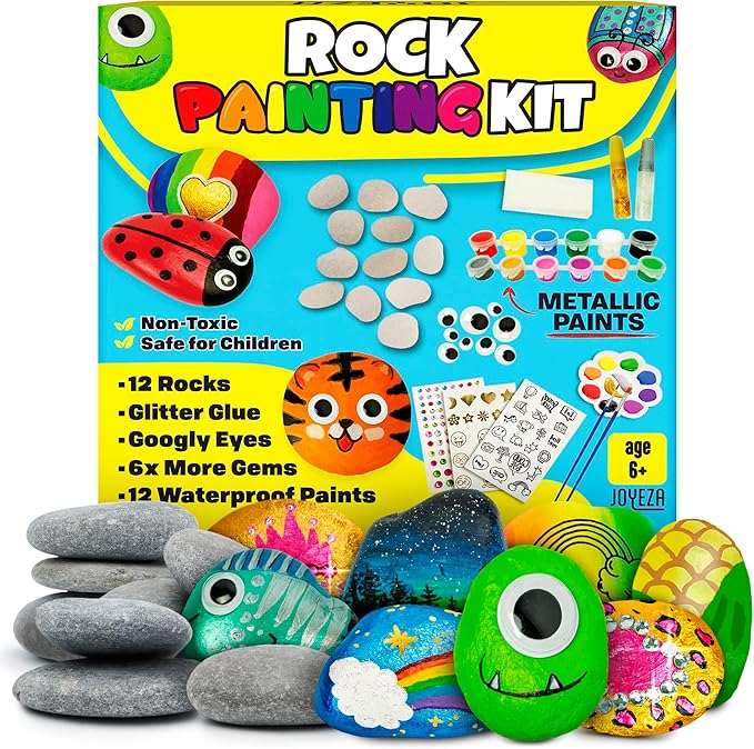 JOYEZA Deluxe Rock Painting Kit, Arts and Crafts for Girls and Boys Age 6+, 12 Rocks, Best Tween Gift Art Set, Waterproof Paints, All-Inclusive Craft Kits, Art Supplies, Kids Activities Ages 4 to 10