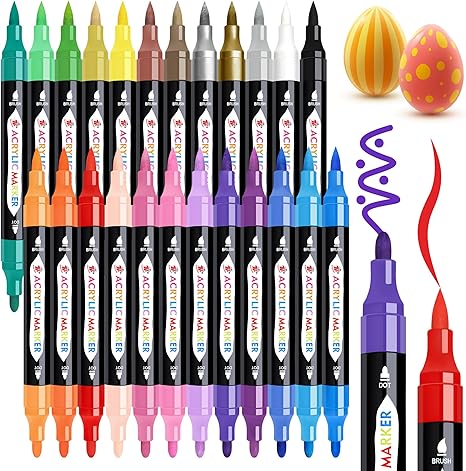 TBC The Best Crafts 24 Colors Dual Tip Acrylic Paint Markers,Waterproof, Non-Toxic, odorless, Suitable for Paper, Pottery, Stones, Backpacks, Glass