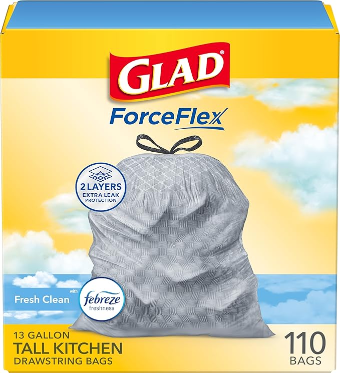 Glad Tall Kitchen Drawstring Trash Bags - Odorshield 13 Gallon White Trash Bag, Febreze Fresh Clean, White, Not Applicable, Febreze - Fresh Clean, 110 Count