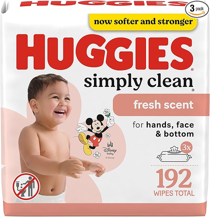 Huggies Simply Clean Fresh Scent Baby Wipes, 3 Flip-Top Packs of 64 (192 Wipes Total), Packaging May Vary