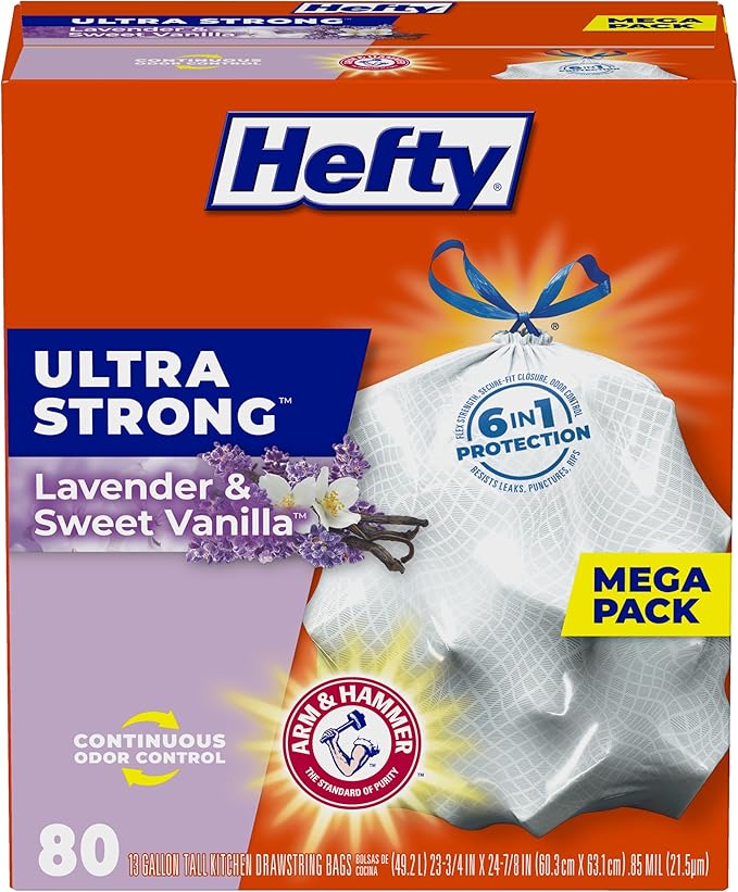 Hefty Ultra Strong Kitchen Trash Bags 13 Gallon Garbage Bags - Lavender Sweet Vanilla - Odor Control - Drawstring - 80 Count