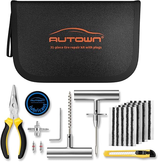 AUTOWN Flat Tire Repair Kit with Plugs 31 Pcs for Car, Motorcycle, ATV, Jeep, Truck, Tractor Flat Tire Puncture Repair