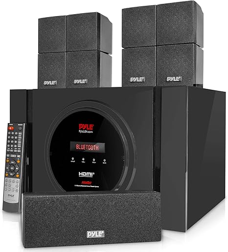 Pyle 5.1 Channel Home Theater Speaker System - 300W Bluetooth Surround Sound Audio Stereo Power Receiver Box Set w/ Built-in Subwoofer, 5 Speakers, Remote, FM Radio, RCA - PT589BT,Black