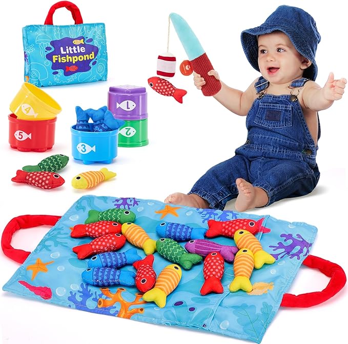 hahaland Montessori Toys for 1 Year Old - 10 in 1 Cloth Toddler Fishing Game with Stacking Cups, Baby Toy 12-18 Months One Year Old Boy Birthday Gift, Toddler Toys for 1 Year Old Boy Girl Gifts