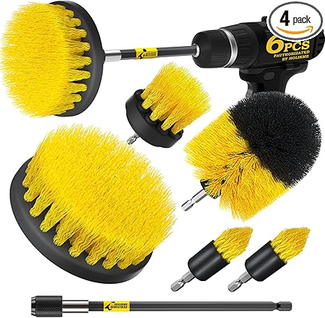 Holikme 6Pack Drill Brush Power Scrubber Cleaning Brush Extended Long Attachment Set All Purpose Drill Scrub Brushes Kit for Grout, Floor, Tub, Shower, Tile, Bathroom and Kitchen Surface，Yellow