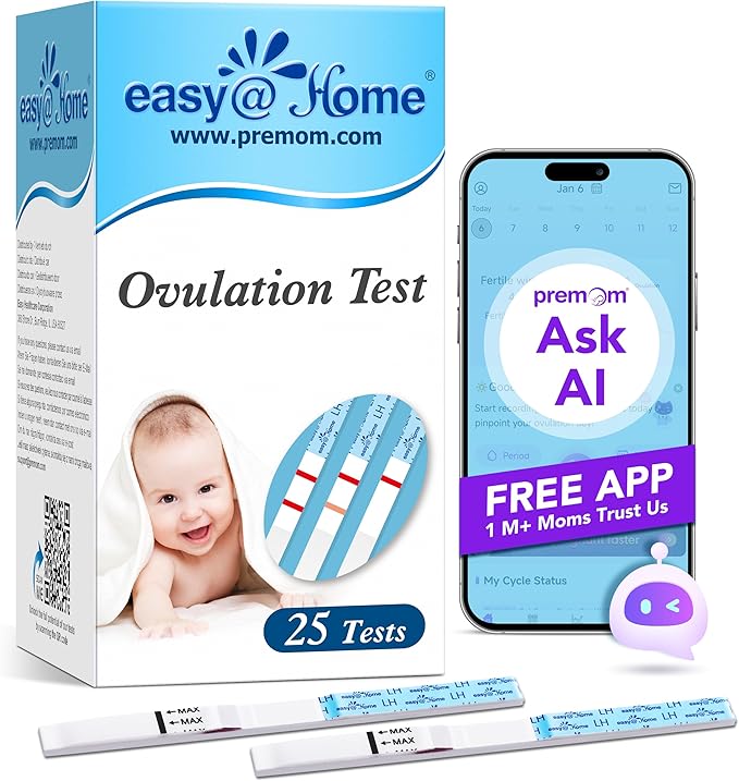 Easy@Home Ovulation Test Strips, 25 Pack Fertility Tests, Ovulation Predictor Kit, Powered by Premom Ovulation Predictor iOS and Android App, 25 LH Strips