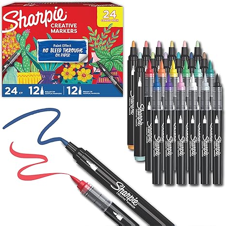 Sharpie Creative Markers, Combo Pack, Water-Based Acrylic, Bullet & Brush Tips, Assorted Colors Including Earth Tones, 24 Count - Works on Paper, Metal, Wood, Ceramic, Glass, Rock, Canvas