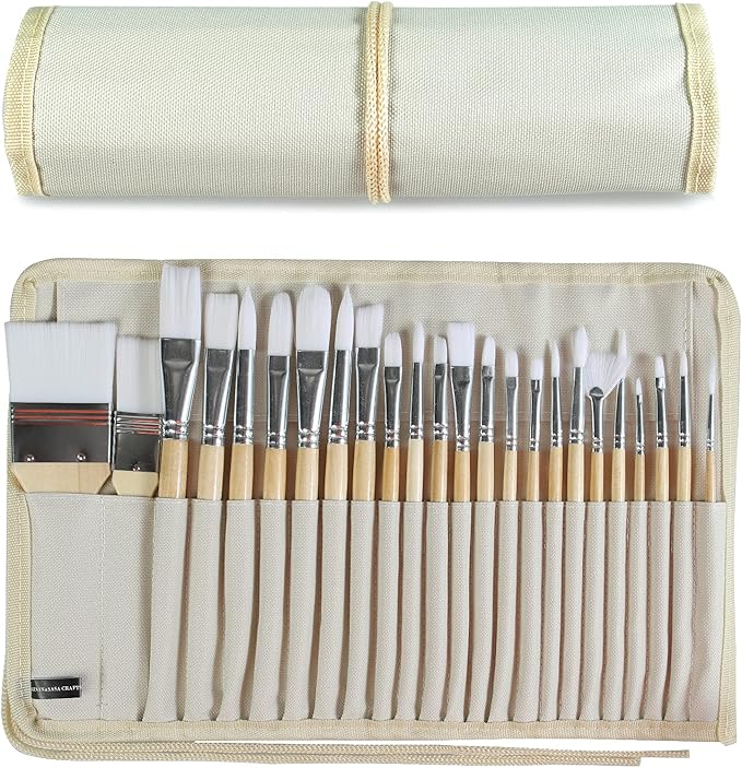 Paint Brushes Set of 24 Pieces Wooden Handles Brushes with Canvas Brush Case, Professional for Oil, Acrylic and Watercolor Painting