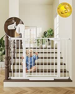 Cumbor 46” Auto Close Safety Baby Gate, Extra Tall and Wide Child Gate, Easy Walk Thru Durability Dog Gate for The House, Stairs, Doorways. Includes 4 Wall Cups, 2.75-Inch and 8.25-Inch Extension