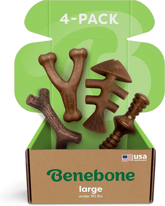 Benebone Large Holiday 4-Pack Dog Chew Toys for Aggressive Chewers, Made in USA, 90lbs and Under