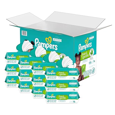 Pampers Baby Wipes, Free & Gentle, Hypoallergenic and Unscented Wipe, 100% Plant Based, Plastic-Free for Babies, 936 Total (12 Flip-Top Packs)
