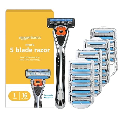 Amazon Basics 5-Blade MotionSphere Men's Razor with Dual Lubrication and Precision Trimmer, 17 Piece Set, 1 Handle & 16 Cartridges, Black
