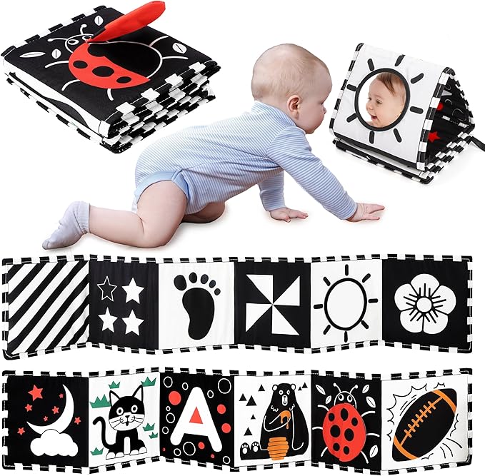 URMYWO Black and White Baby Toys, Tummy Time High Contrast Newborn Toys 0-3 Months, Soft Baby Book, Visual Stimulation Montessori Sensory Infant Toys 0-6-12 Months, Shower Gift, Easter Basket Stuffers