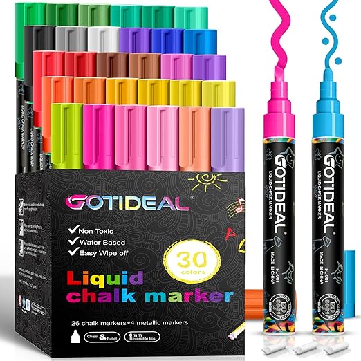 GOTIDEAL Liquid Chalk Markers, 30 colors Premium Window Chalkboard Neon Pens, Including 4 Metallic Colors, Painting and Drawing for Kids and Adults, Bistro & Restaurant, Wet Erase - Reversible Tip