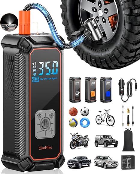 OlarHike Cordless Tire Inflator Portable Air Compressor, 150PSI Dual Power, 5400mAh & 12V DC Air Pump for Car Tires, Bike, Motorcycle, Bicycle, Electric Pump with LED Light & Digital Pressure Gauge
