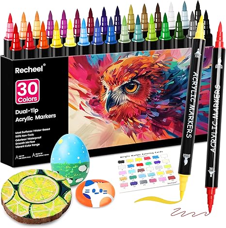 30 Colors Acrylic Paint Markers, Dual Tip Fine and Brush Tips for Detailed Art, Crafting, Rock Painting, Wood, Glass, Ceramic, and More