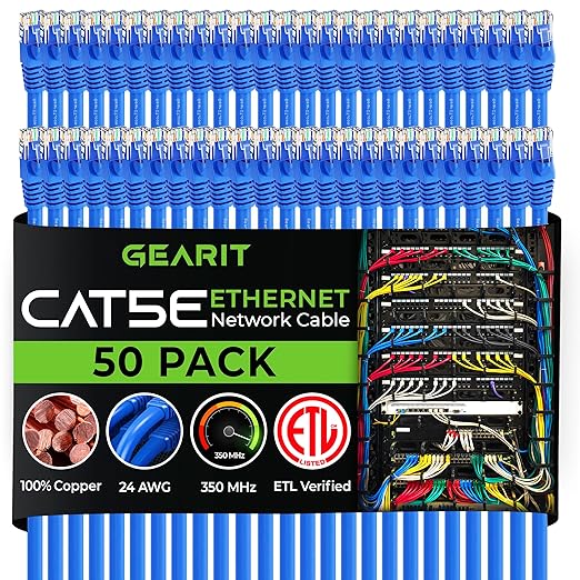 GearIT 50-Pack, Cat5e Ethernet Patch Cable 3 Feet - Snagless RJ45 Computer LAN Network Cord, Blue - Compatible with 48 Port Switch POE Rackmount 48port Gigabit