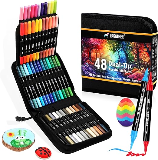 24 Acrylic Paint Markers - Dual Tip Paint Pens Acrylic Markers for Pens for Wood, Canvas, Stone, Rock Painting, Glass, Ceramic Surfaces, DIY Crafts Making Art Supplies… (48 Colors)