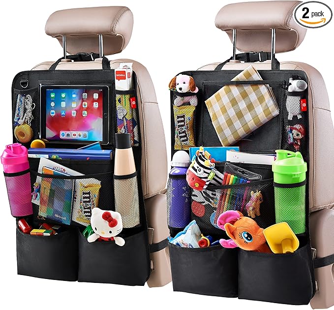 Backseat Car Organizer, Kick Mats Back Seat Protector with Touch Screen Tablet Holder, Back Seat Organizer for Kids, Travel Accessories with 9 Storage Pockets 2 Pack, Black