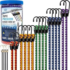GOEASY0312 Premium Bungee Cords Heavy Duty - 20 Piece Bungee Cords with Hooks in A Storage Jar Includes 10", 18", 24", 30", 36", 48" Bungie Cord Bundle