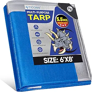 TICONN Heavy Duty Tarp Cover, Extra Thick Tarps Waterproof Tear and Rip Proof UV Resistant Tarpaulin with Reinforced Grommets and Edges (5.5 Mil, 6'x8')